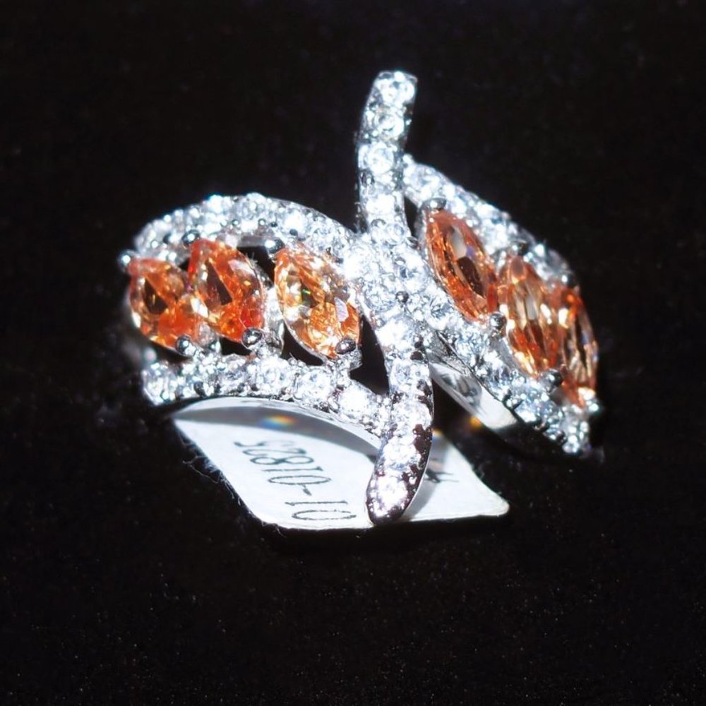 Stunning Lady's Artisan 925 Sterling Silver Ring w/ Amber and Clear CZ's - Picture 1 of 4